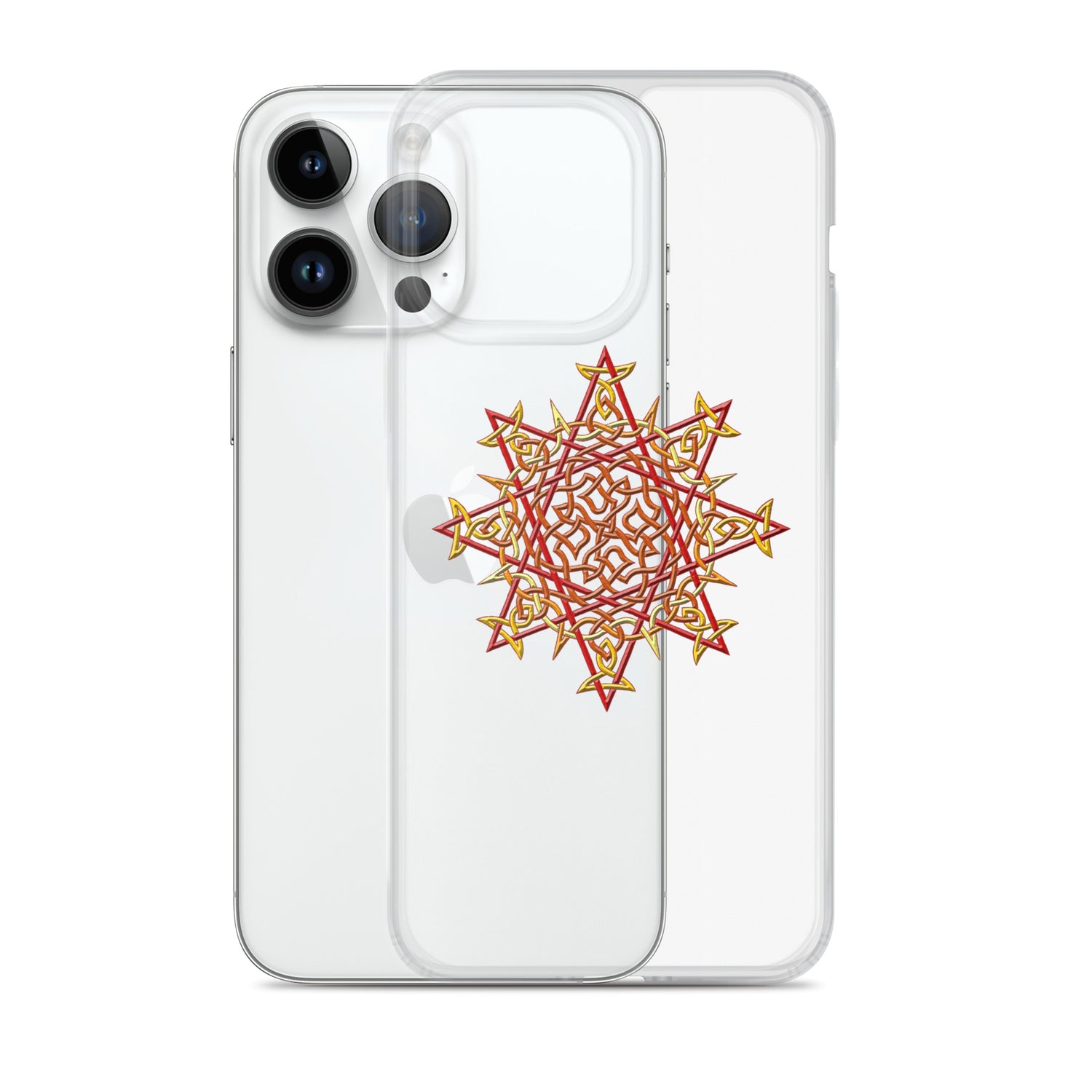 An iPhone 14 Pro Max behind a Xigfireon clear phone case featuring the Fire Colour iteration of the `Morning Star Fire` Celtic knot design. The `Morning Star Fire` Celtic knot design represents Father Sun.