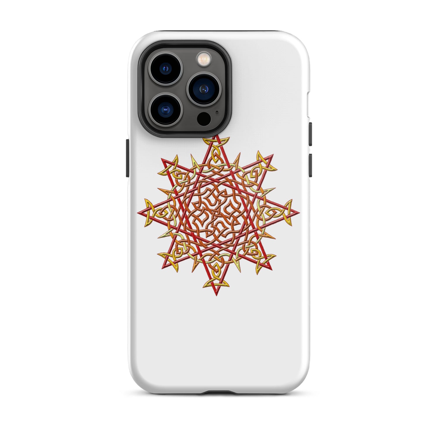 An iPhone 14 Pro Max in a Xigfireon glossy white tough phone case featuring the Fire Colour iteration of the `Morning Star Fire` Celtic knot design. The `Morning Star Fire` Celtic knot design is a Sun symbol.