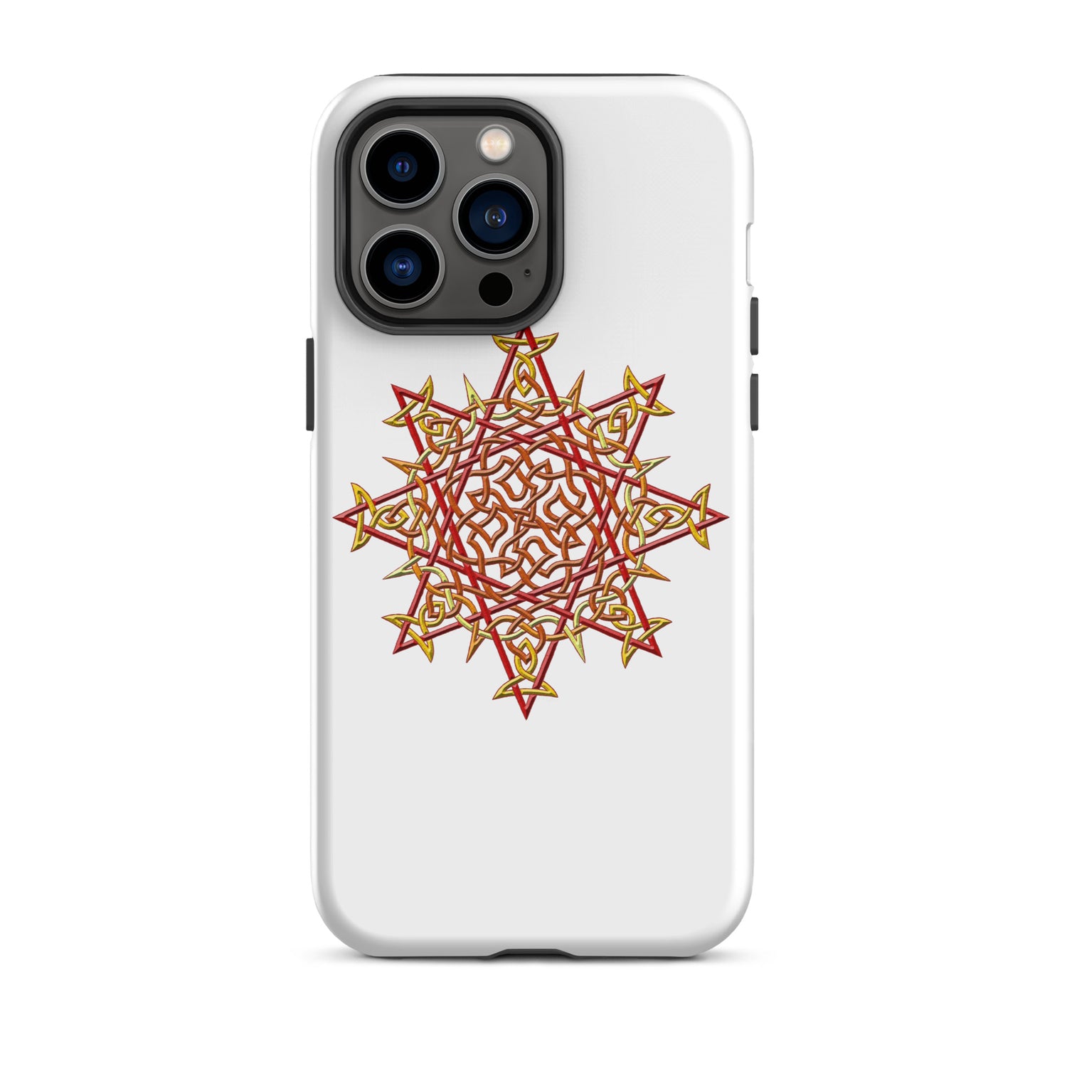 An iPhone 14 Pro Max in a Xigfireon matte white tough phone case featuring the Fire Colour iteration of the `Morning Star Fire` Celtic knot design. The `Morning Star Fire` Celtic knot design is a Sun symbol.