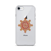 An iPhone 8 in a Xigfireon clear phone case featuring the Fire Colour iteration of the `Morning Star Fire` Celtic knot design. The `Morning Star Fire` Celtic knot design represents Father Sun.