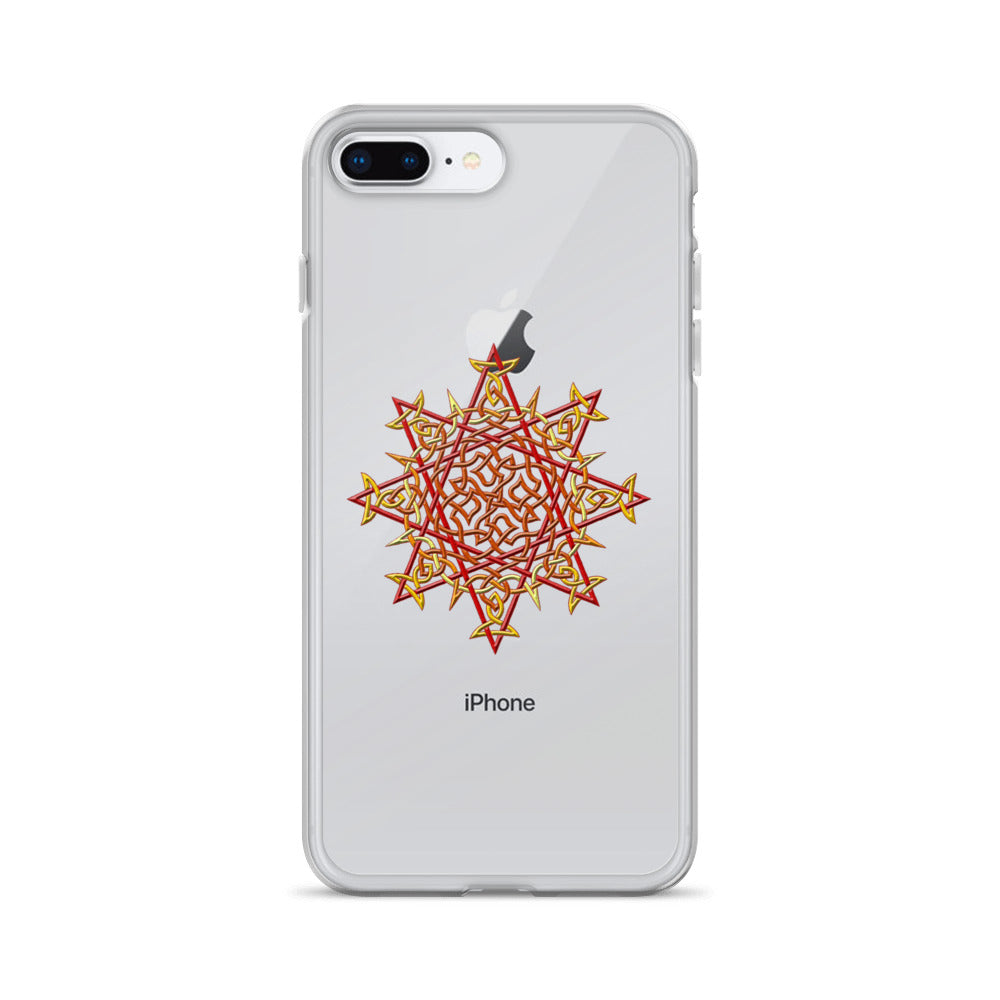 An iPhone 8 Plus in a Xigfireon clear phone case featuring the Fire Colour iteration of the `Morning Star Fire` Celtic knot design. The `Morning Star Fire` Celtic knot design represents Father Sun.