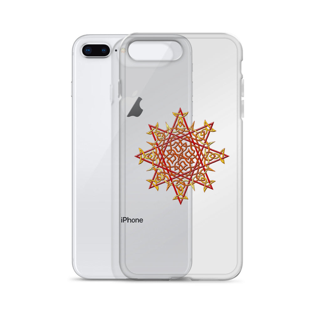 An iPhone 8 Plus behind a Xigfireon clear phone case featuring the Fire Colour iteration of the `Morning Star Fire` Celtic knot design. The `Morning Star Fire` Celtic knot design represents Father Sun.