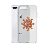 An iPhone 8 Plus behind a Xigfireon clear phone case featuring the Fire Colour iteration of the `Morning Star Fire` Celtic knot design. The `Morning Star Fire` Celtic knot design represents Father Sun.