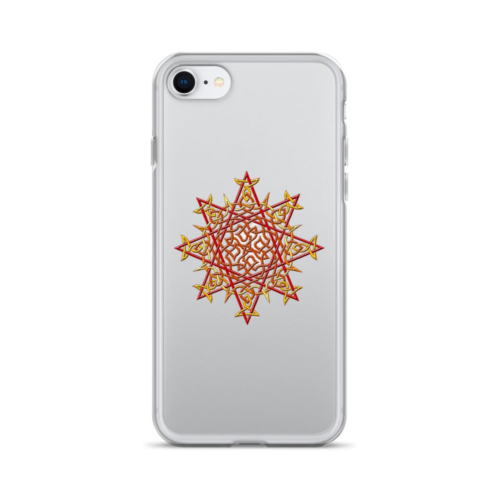 An iPhone SE in a Xigfireon clear phone case featuring the Fire Colour iteration of the `Morning Star Fire` Celtic knot design. The `Morning Star Fire` Celtic knot design represents Father Sun.