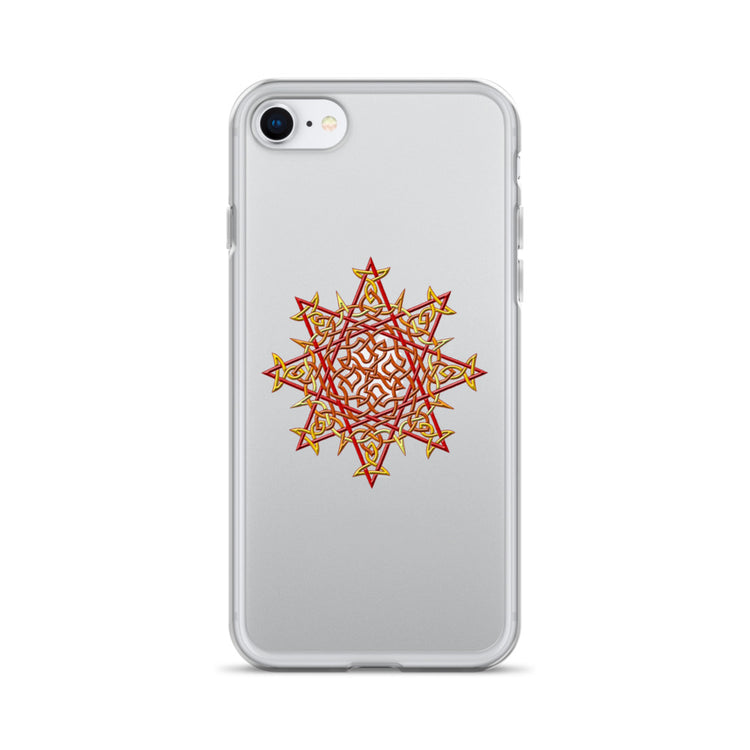 An iPhone SE in a Xigfireon clear phone case featuring the Fire Colour iteration of the `Morning Star Fire` Celtic knot design. The `Morning Star Fire` Celtic knot design represents Father Sun.