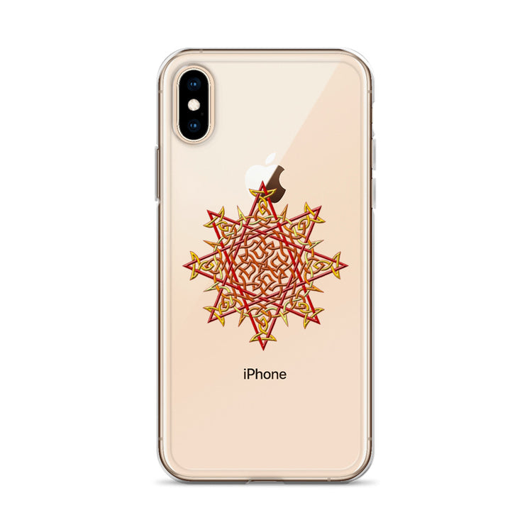 An iPhone XS in a Xigfireon clear phone case featuring the Fire Colour iteration of the `Morning Star Fire` Celtic knot design. The `Morning Star Fire` Celtic knot design represents Father Sun.