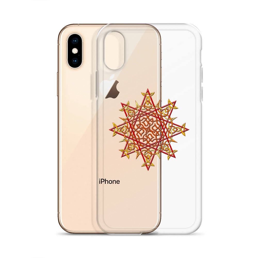 An iPhone XS behind a Xigfireon clear phone case featuring the Fire Colour iteration of the `Morning Star Fire` Celtic knot design. The `Morning Star Fire` Celtic knot design represents Father Sun.