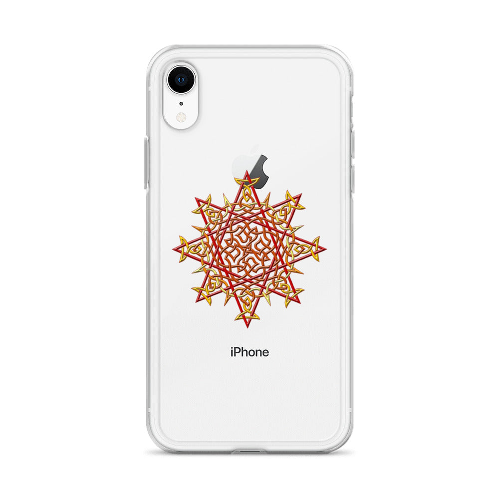 An iPhone XR in a Xigfireon clear phone case featuring the Fire Colour iteration of the `Morning Star Fire` Celtic knot design. The `Morning Star Fire` Celtic knot design represents Father Sun.