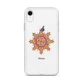 An iPhone XR in a Xigfireon clear phone case featuring the Fire Colour iteration of the `Morning Star Fire` Celtic knot design. The `Morning Star Fire` Celtic knot design represents Father Sun.