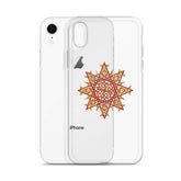 An iPhone XR behind a Xigfireon clear phone case featuring the Fire Colour iteration of the `Morning Star Fire` Celtic knot design. The `Morning Star Fire` Celtic knot design represents Father Sun.