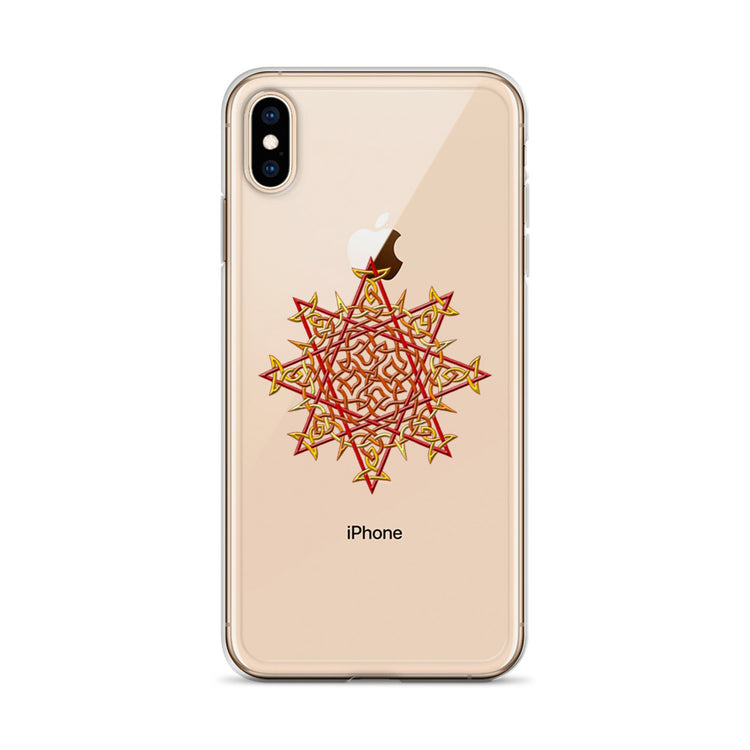 An iPhone XS Max in a Xigfireon clear phone case featuring the Fire Colour iteration of the `Morning Star Fire` Celtic knot design. The `Morning Star Fire` Celtic knot design represents Father Sun.