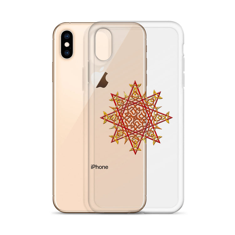 An iPhone XS Max behind a Xigfireon clear phone case featuring the Fire Colour iteration of the `Morning Star Fire` Celtic knot design. The `Morning Star Fire` Celtic knot design represents Father Sun.