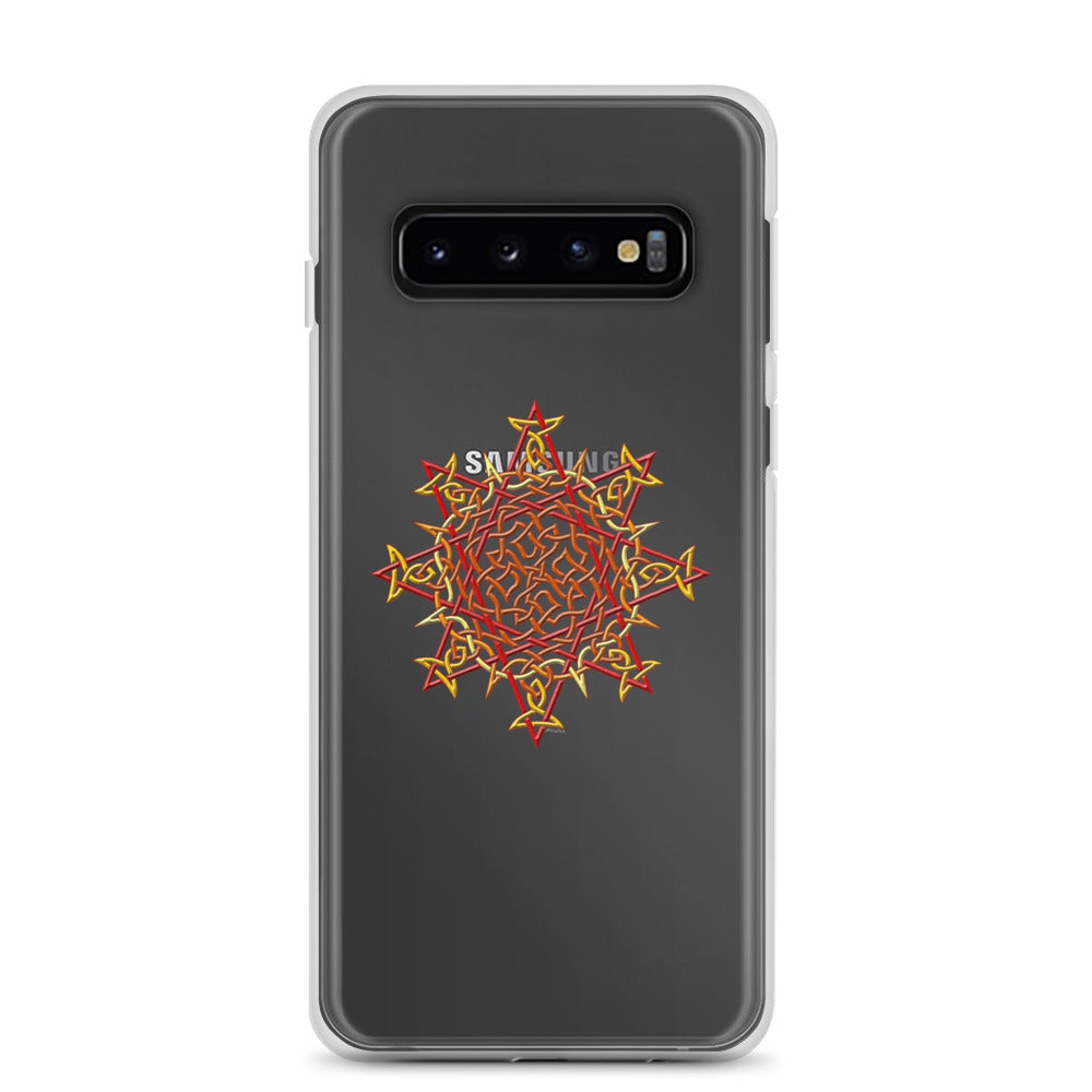 A Samsung Galaxy S10 in a Xigfireon clear phone case featuring the Fire Colour iteration of the `Morning Star Fire` Celtic knot design. The `Morning Star Fire` Celtic knot design represents Father Sun.