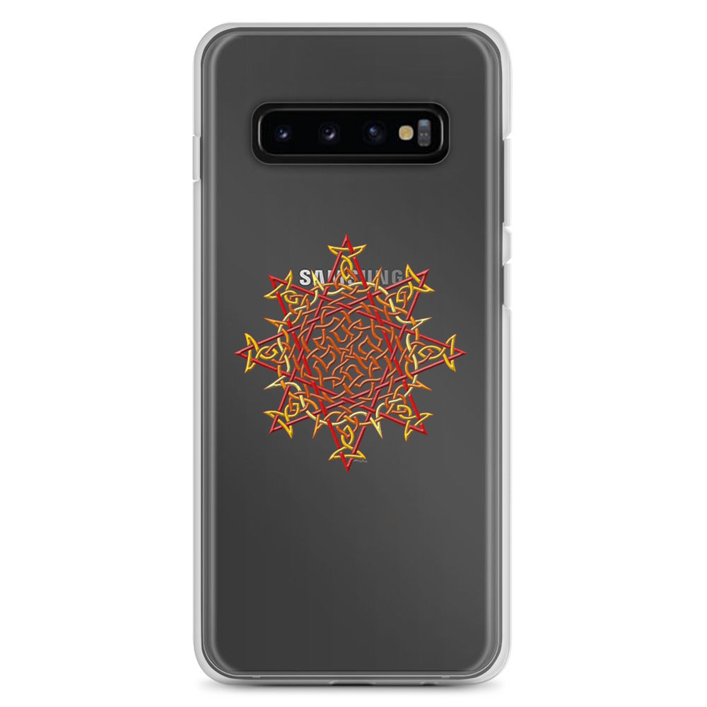 A Samsung Galaxy S10 Plus in a Xigfireon clear phone case featuring the Fire Colour iteration of the `Morning Star Fire` Celtic knot design. The `Morning Star Fire` Celtic knot design represents Father Sun.