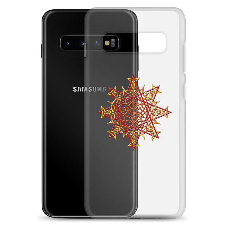 A Samsung Galaxy S10 Plus behind a Xigfireon clear phone case featuring the Fire Colour iteration of the `Morning Star Fire` Celtic knot design. The `Morning Star Fire` Celtic knot design represents Father Sun.