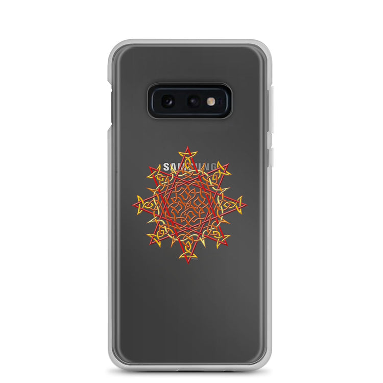 A Samsung Galaxy S10E in a Xigfireon clear phone case featuring the Fire Colour iteration of the `Morning Star Fire` Celtic knot design. The `Morning Star Fire` Celtic knot design represents Father Sun.