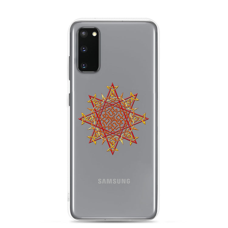 A Samsung Galaxy S20 in a Xigfireon clear phone case featuring the Fire Colour iteration of the `Morning Star Fire` Celtic knot design. The `Morning Star Fire` Celtic knot design represents Father Sun.