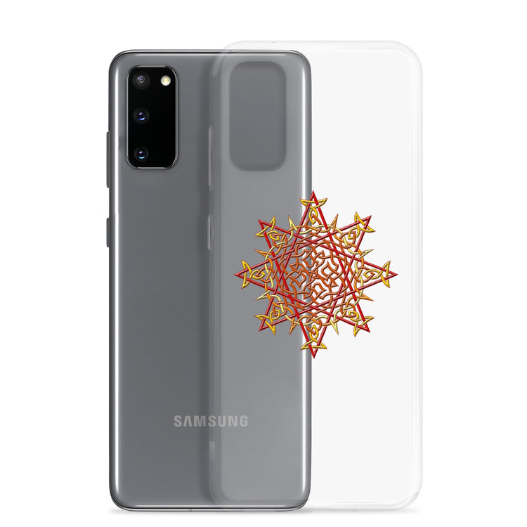 A Samsung Galaxy S20 behind a Xigfireon clear phone case featuring the Fire Colour iteration of the `Morning Star Fire` Celtic knot design. The `Morning Star Fire` Celtic knot design represents Father Sun.