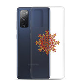 A Samsung Galaxy S20 FE behind a Xigfireon clear phone case featuring the Fire Colour iteration of the `Morning Star Fire` Celtic knot design. The `Morning Star Fire` Celtic knot design represents Father Sun.