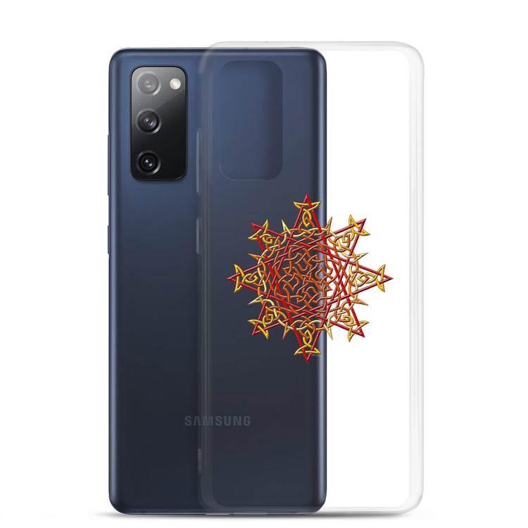 A Samsung Galaxy S20 FE behind a Xigfireon clear phone case featuring the Fire Colour iteration of the `Morning Star Fire` Celtic knot design. The `Morning Star Fire` Celtic knot design represents Father Sun.