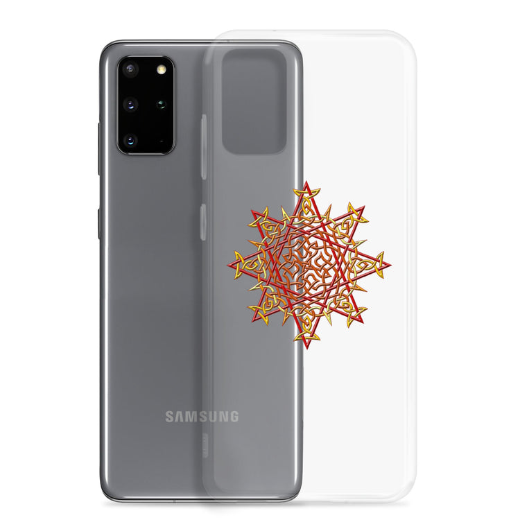 A Samsung Galaxy S20 Plus behind a Xigfireon clear phone case featuring the Fire Colour iteration of the `Morning Star Fire` Celtic knot design. The `Morning Star Fire` Celtic knot design represents Father Sun.