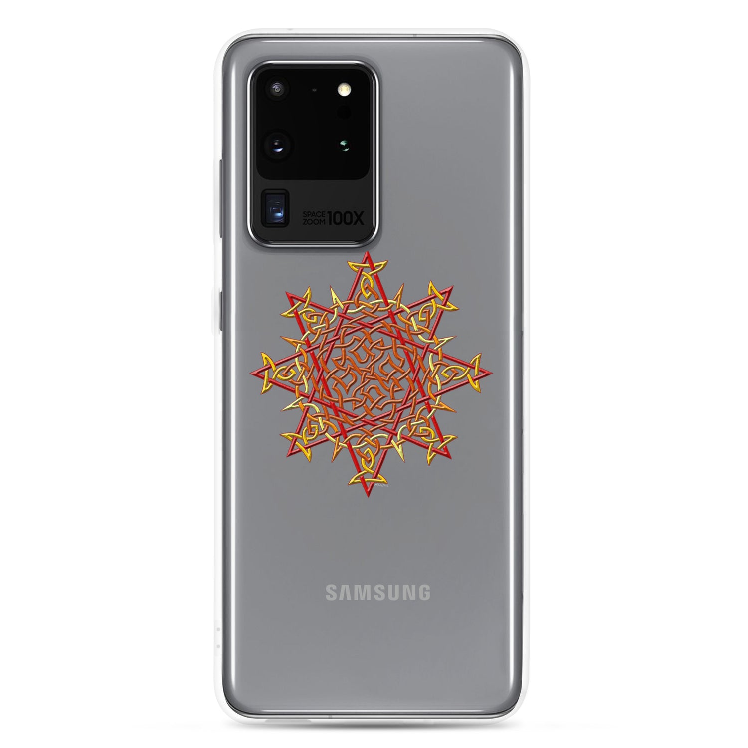 A Samsung Galaxy S20 Ultra in a Xigfireon clear phone case featuring the Fire Colour iteration of the `Morning Star Fire` Celtic knot design. The `Morning Star Fire` Celtic knot design represents Father Sun.