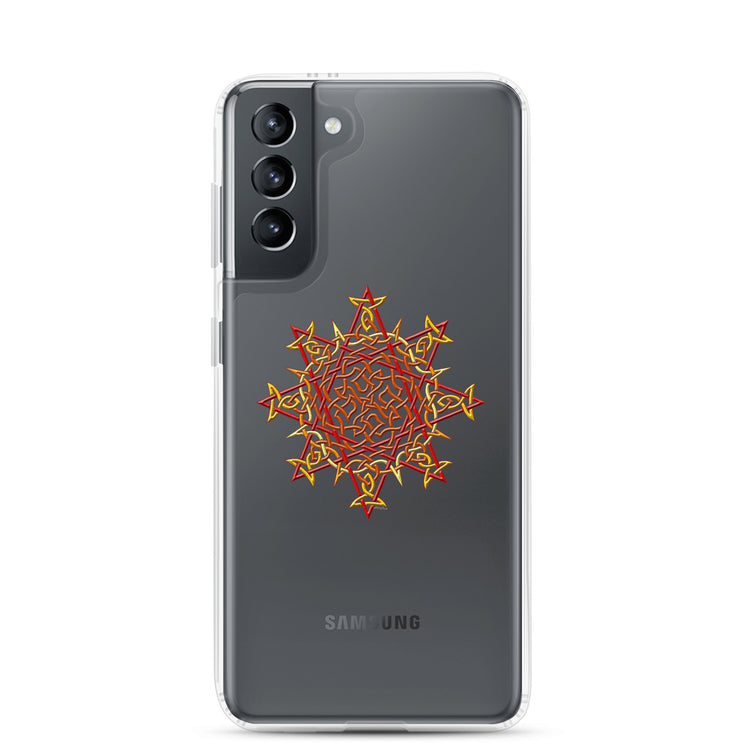 A Samsung Galaxy S21 in a Xigfireon clear phone case featuring the Fire Colour iteration of the `Morning Star Fire` Celtic knot design. The `Morning Star Fire` Celtic knot design represents Father Sun.