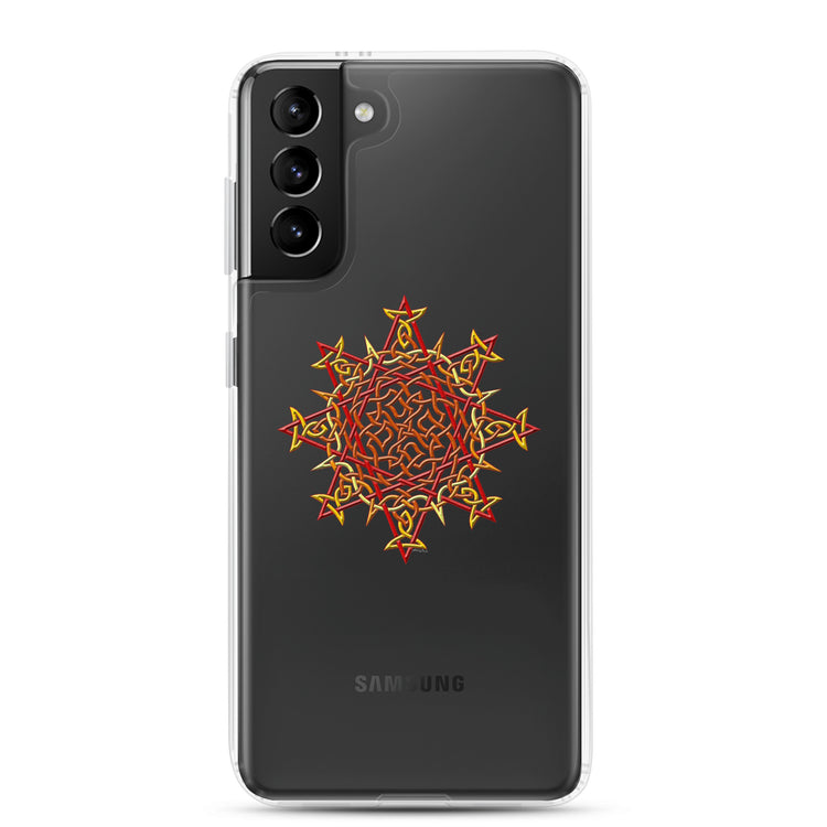 A Samsung Galaxy S21 Plus in a Xigfireon clear phone case featuring the Fire Colour iteration of the `Morning Star Fire` Celtic knot design. The `Morning Star Fire` Celtic knot design represents Father Sun.