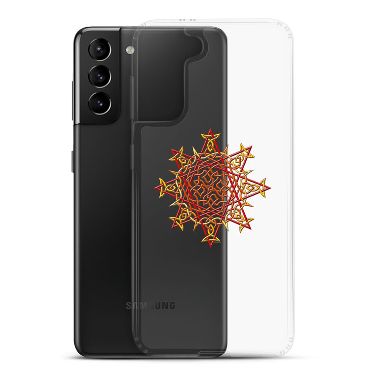 A Samsung Galaxy S21 Plus behind a Xigfireon clear phone case featuring the Fire Colour iteration of the `Morning Star Fire` Celtic knot design. The `Morning Star Fire` Celtic knot design represents Father Sun.