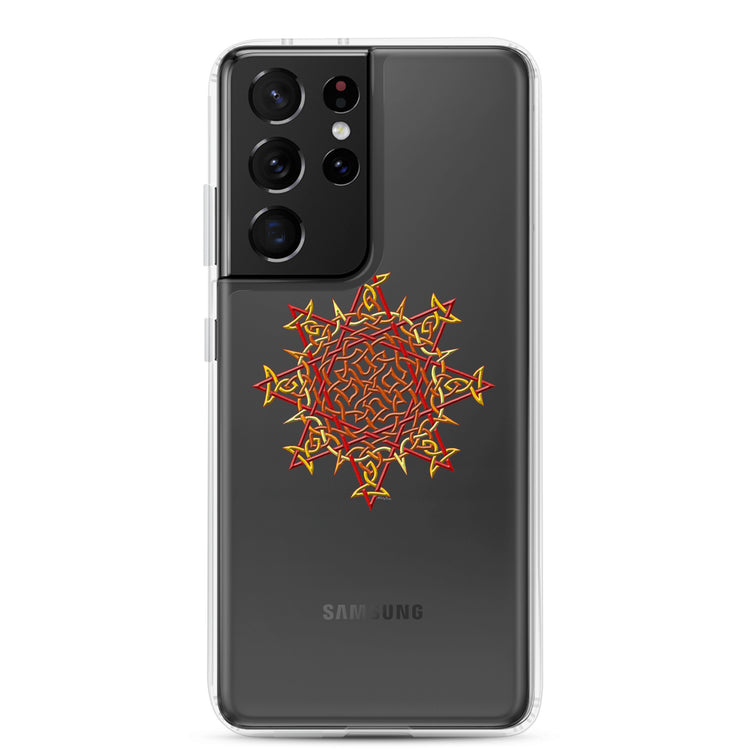 A Samsung Galaxy S21 Ultra in a Xigfireon clear phone case featuring the Fire Colour iteration of the `Morning Star Fire` Celtic knot design. The `Morning Star Fire` Celtic knot design represents Father Sun.