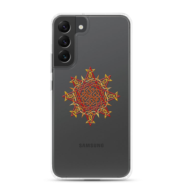 A Samsung Galaxy S22 Plus in a Xigfireon clear phone case featuring the Fire Colour iteration of the `Morning Star Fire` Celtic knot design. The `Morning Star Fire` Celtic knot design represents Father Sun.