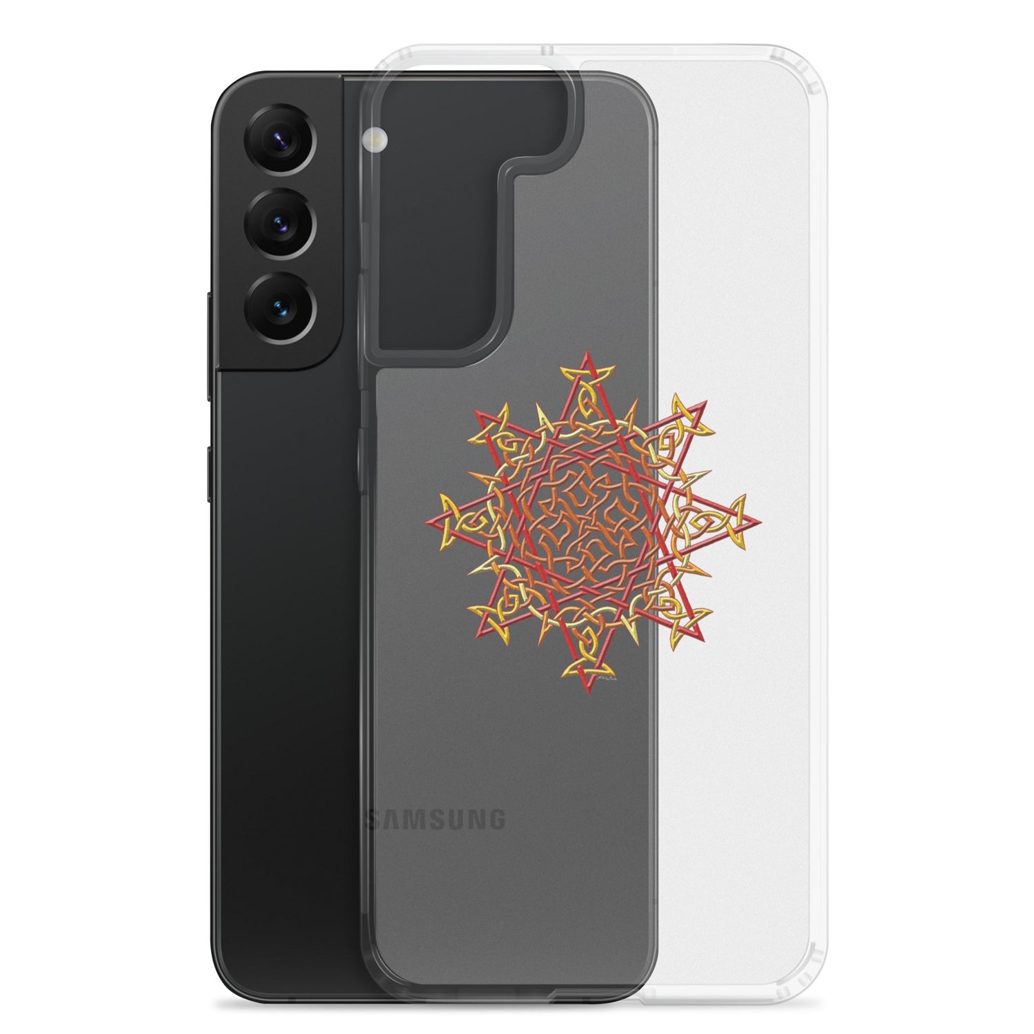 A Samsung Galaxy S22 Plus behind a Xigfireon clear phone case featuring the Fire Colour iteration of the `Morning Star Fire` Celtic knot design. The `Morning Star Fire` Celtic knot design represents Father Sun.