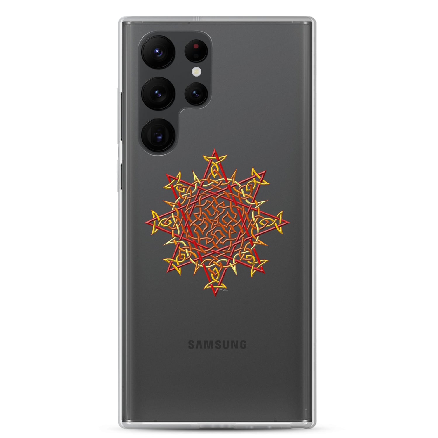 A Samsung Galaxy S22 Ultra in a Xigfireon clear phone case featuring the Fire Colour iteration of the `Morning Star Fire` Celtic knot design. The `Morning Star Fire` Celtic knot design represents Father Sun.