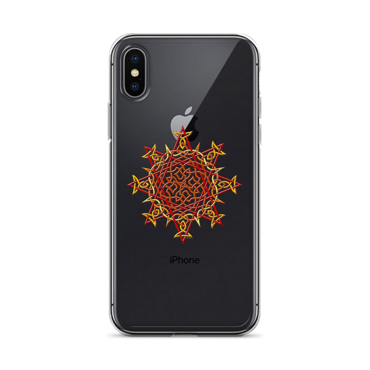 An iPhone XS in a Xigfireon clear phone case featuring the Fire Colour iteration of the `Morning Star Fire` Celtic knot design. The `Morning Star Fire` Celtic knot design represents Father Sun.