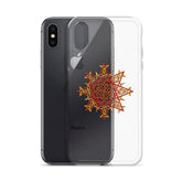 An iPhone XS behind a Xigfireon clear phone case featuring the Fire Colour iteration of the `Morning Star Fire` Celtic knot design. The `Morning Star Fire` Celtic knot design represents Father Sun.