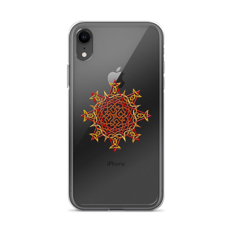 An iPhone XR in a Xigfireon clear phone case featuring the Fire Colour iteration of the `Morning Star Fire` Celtic knot design. The `Morning Star Fire` Celtic knot design represents Father Sun.