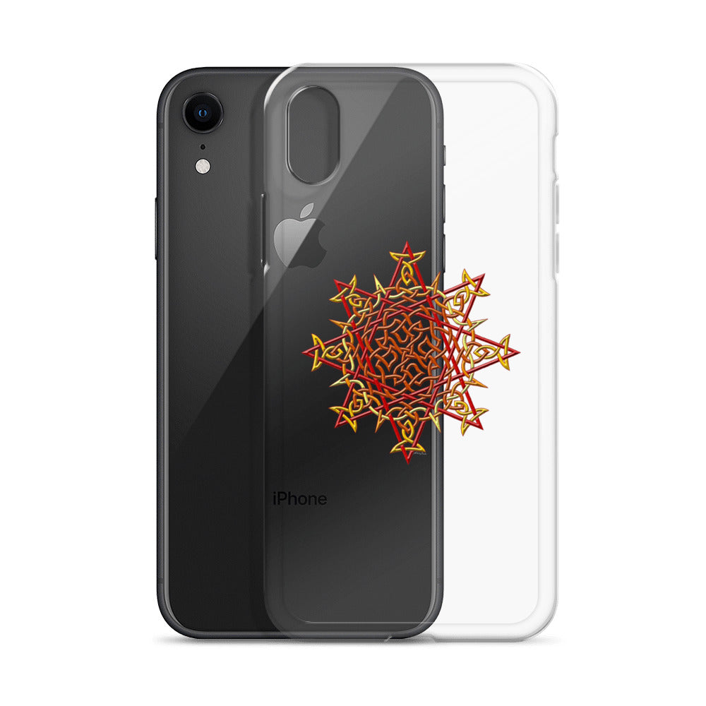 An iPhone XR behind a Xigfireon clear phone case featuring the Fire Colour iteration of the `Morning Star Fire` Celtic knot design. The `Morning Star Fire` Celtic knot design represents Father Sun.