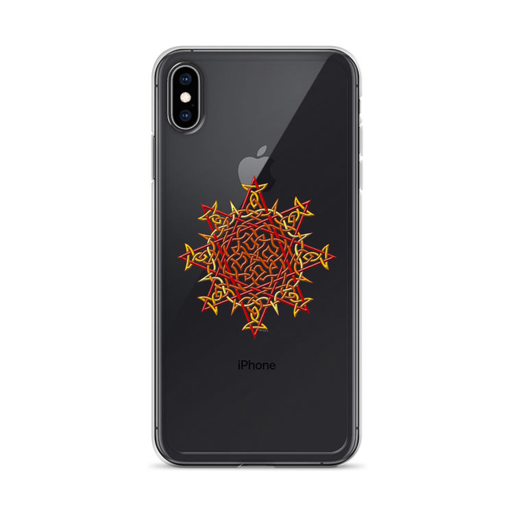 An iPhone XS Max in a Xigfireon clear phone case featuring the Fire Colour iteration of the `Morning Star Fire` Celtic knot design. The `Morning Star Fire` Celtic knot design represents Father Sun.