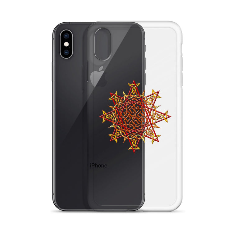 An iPhone XS Max behind a Xigfireon clear phone case featuring the Fire Colour iteration of the `Morning Star Fire` Celtic knot design. The `Morning Star Fire` Celtic knot design represents Father Sun.