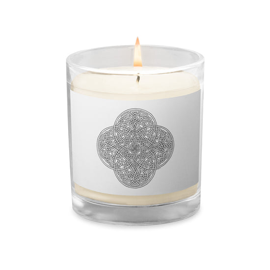 A Xigfireon glass jar soy wax candle featuring the Black & White Hollow iteration of the `Reach Of The Spirit` Celtic knot design. The `Reach Of The Spirit` Celtic knot symbolizes Mother Earth.