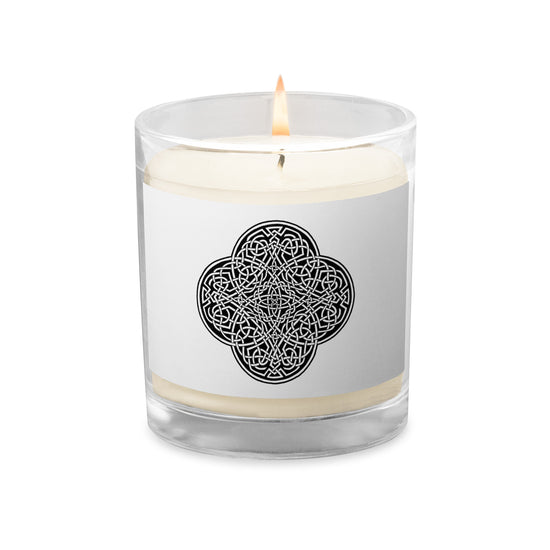 A Xigfireon glass jar soy wax candle featuring the Black & White Solid iteration of the `Reach Of The Spirit` Celtic knot design. The `Reach Of The Spirit` Celtic knot symbolizes Mother Earth.