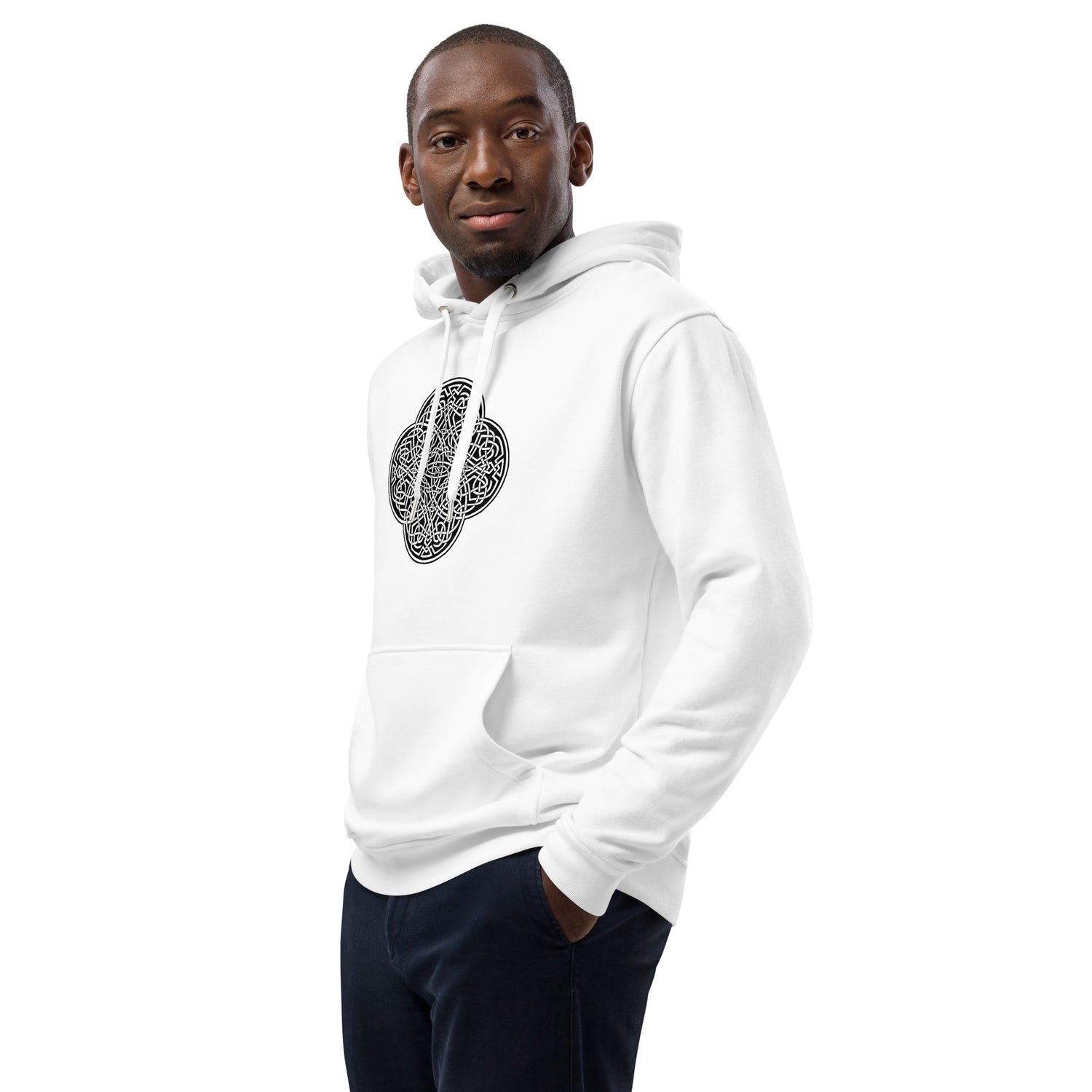 A young man wearing a white Xigfireon graphic eco hoodie featuring the Black & White Solid iteration of the `Reach Of The Spirit` Celtic knot design. The `Reach Of The Spirit` Celtic knot symbolizes our magnificent Mother Earth.