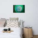 A bedroom scene with a 20" x 30" glossy metal print on the wall, featuring the Deep Forest iteration of the `Reach Of The Spirit` Celtic knot design. The `Reach Of The Spirit` Celtic knot symbolizes Mother Earth.