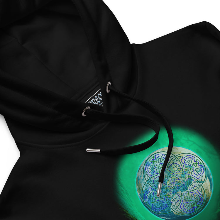 A close-up view of a black Xigfireon graphic eco-friendly hoodie featuring the Deep Forest iteration of the `Reach Of The Spirit` Celtic knot design. The `Reach Of The Spirit` Celtic knot symbolizes our beautiful Mother Earth.