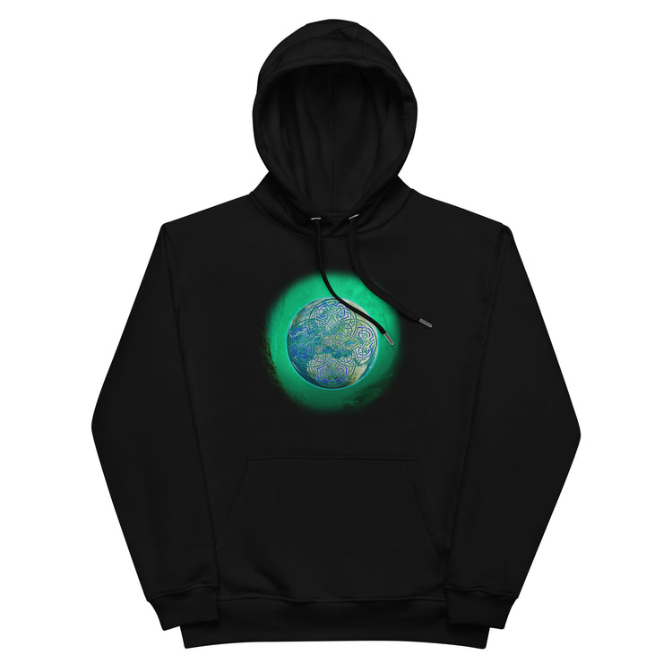 A black Xigfireon graphic eco-friendly hoodie featuring the Deep Forest iteration of the `Reach Of The Spirit` Celtic knot design. The `Reach Of The Spirit` Celtic knot symbolizes our beautiful Mother Earth.