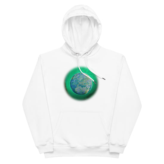 A white Xigfireon graphic eco-friendly hoodie featuring the Deep Forest iteration of the `Reach Of The Spirit` Celtic knot design. The `Reach Of The Spirit` Celtic knot symbolizes our beautiful Mother Earth.