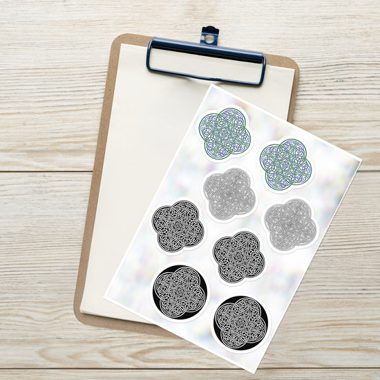 A Xigfireon Celtic knot sticker sheet consisting of 8 individual `Reach Of The Spirit` stickers, 2 each of the Living Colour, Black & White Hollow, Black & White Solid, and Black & White Circle iterations. The `Reach Of The Spirit` Celtic knot represents the Earth.