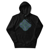 A black Xigfireon graphic hoodie featuring the Living Colour Flat iteration of the `Reach Of The Spirit` Celtic knot design. The `Reach Of The Spirit` Celtic knot symbolizes the Earth.