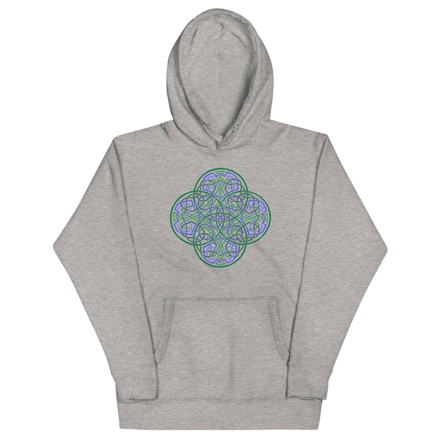 A carbon grey Xigfireon graphic hoodie featuring the Living Colour Flat iteration of the `Reach Of The Spirit` Celtic knot design. The `Reach Of The Spirit` Celtic knot represents the Earth.