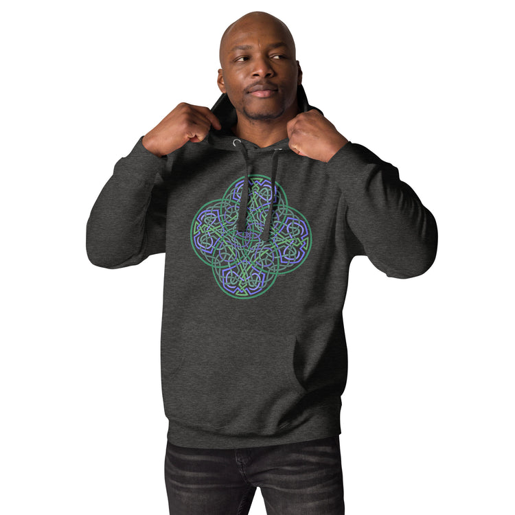 A young man wearing a charcoal heather Xigfireon graphic hoodie featuring the Living Colour Flat iteration of the `Reach Of The Spirit` Celtic knot design. The `Reach Of The Spirit` Celtic knot symbolizes the Earth.